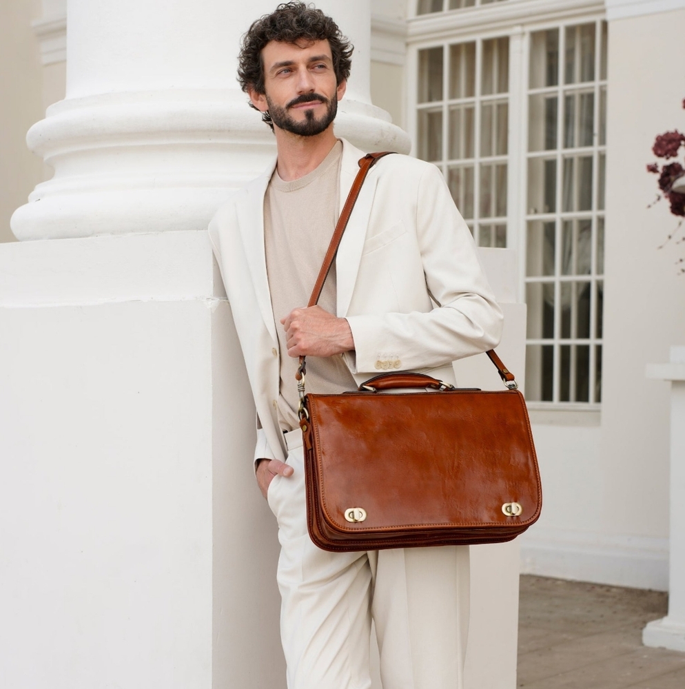 Men's Cognac Vegetable Tanned Italian Leather Briefcase/ Laptop Bag